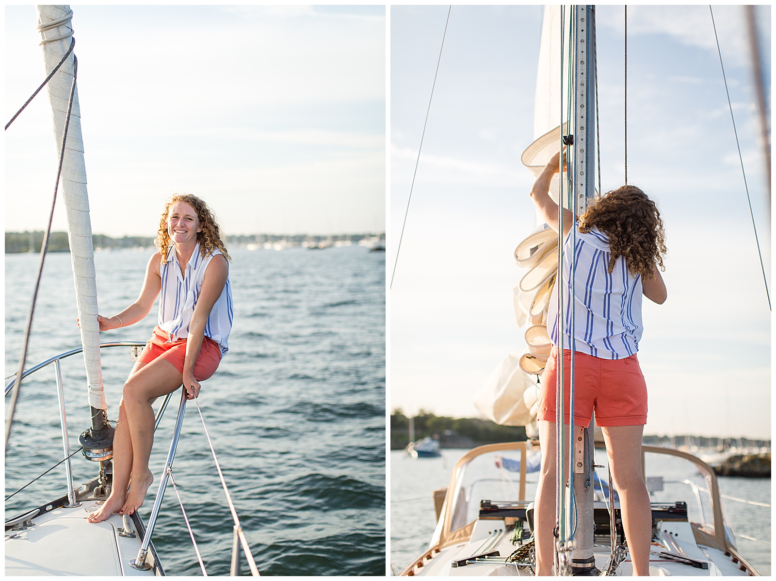 bride to be raises the sails on her boat in RI