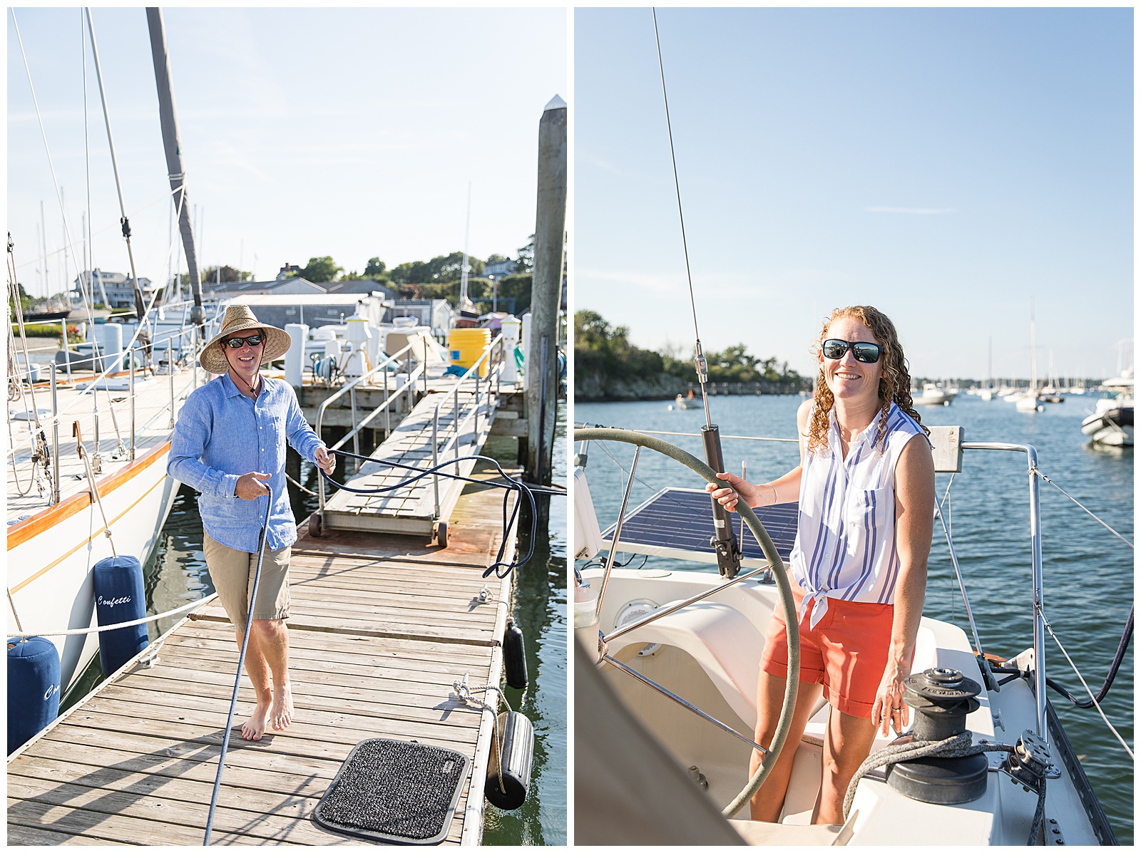 couple prepares to leave the dock on their sailboat during engagement session