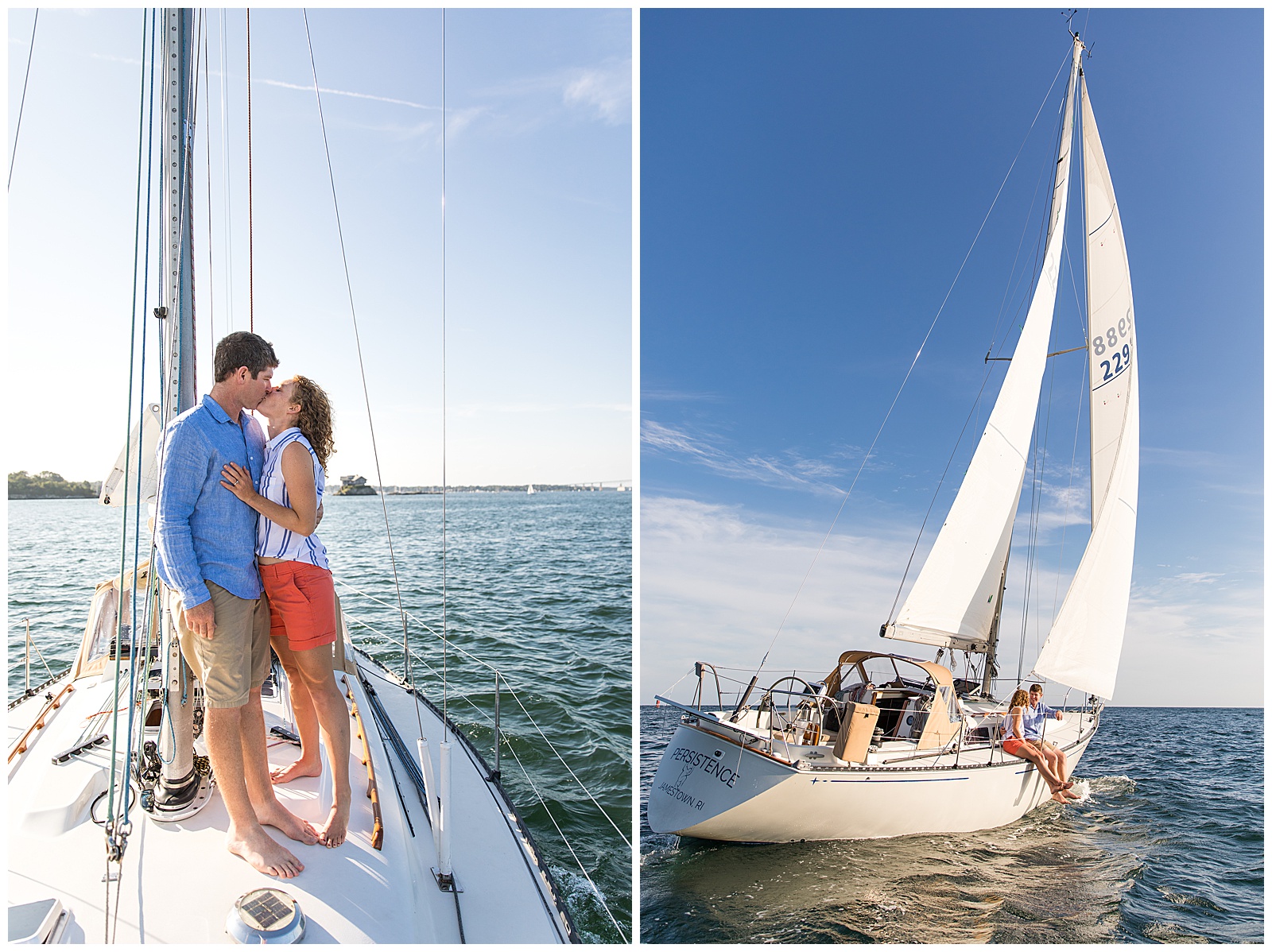 engagement photo session on couple's sailboat in Narragansett