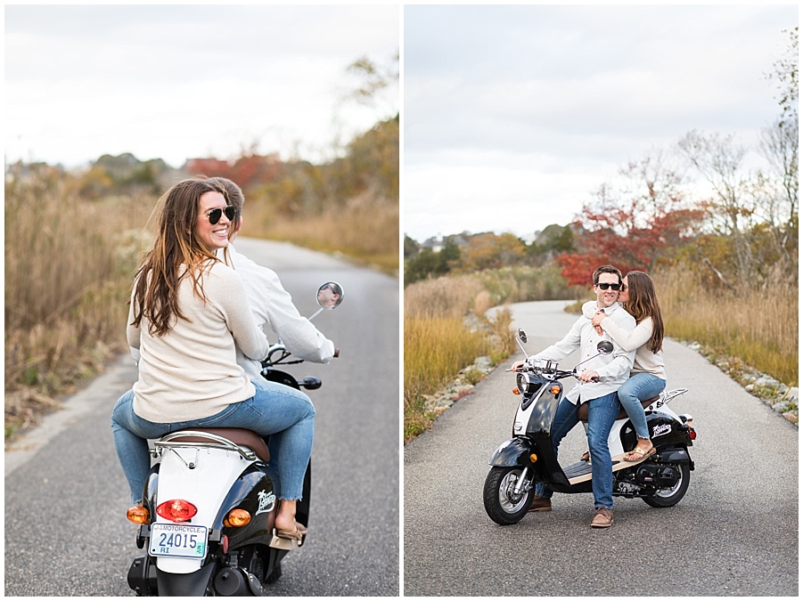 Newport Engagement photos on moped on Ocean Drive